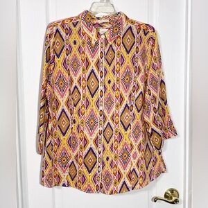 Chico's LINEN Aztec Pattern No Iron Back Button Detail Shirt Size 2 (Large 12)